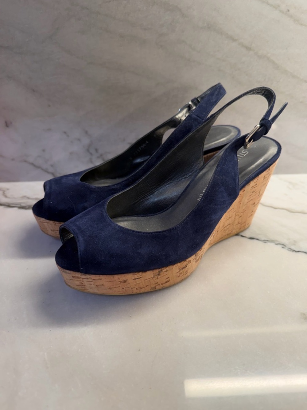 Stuart Weitzman Navy Suede Cork Wedge Slingback Peep-Toe